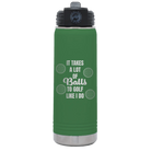 Laser etched green 20 oz vacuum insulated water bottle with 'Lots of Balls' design