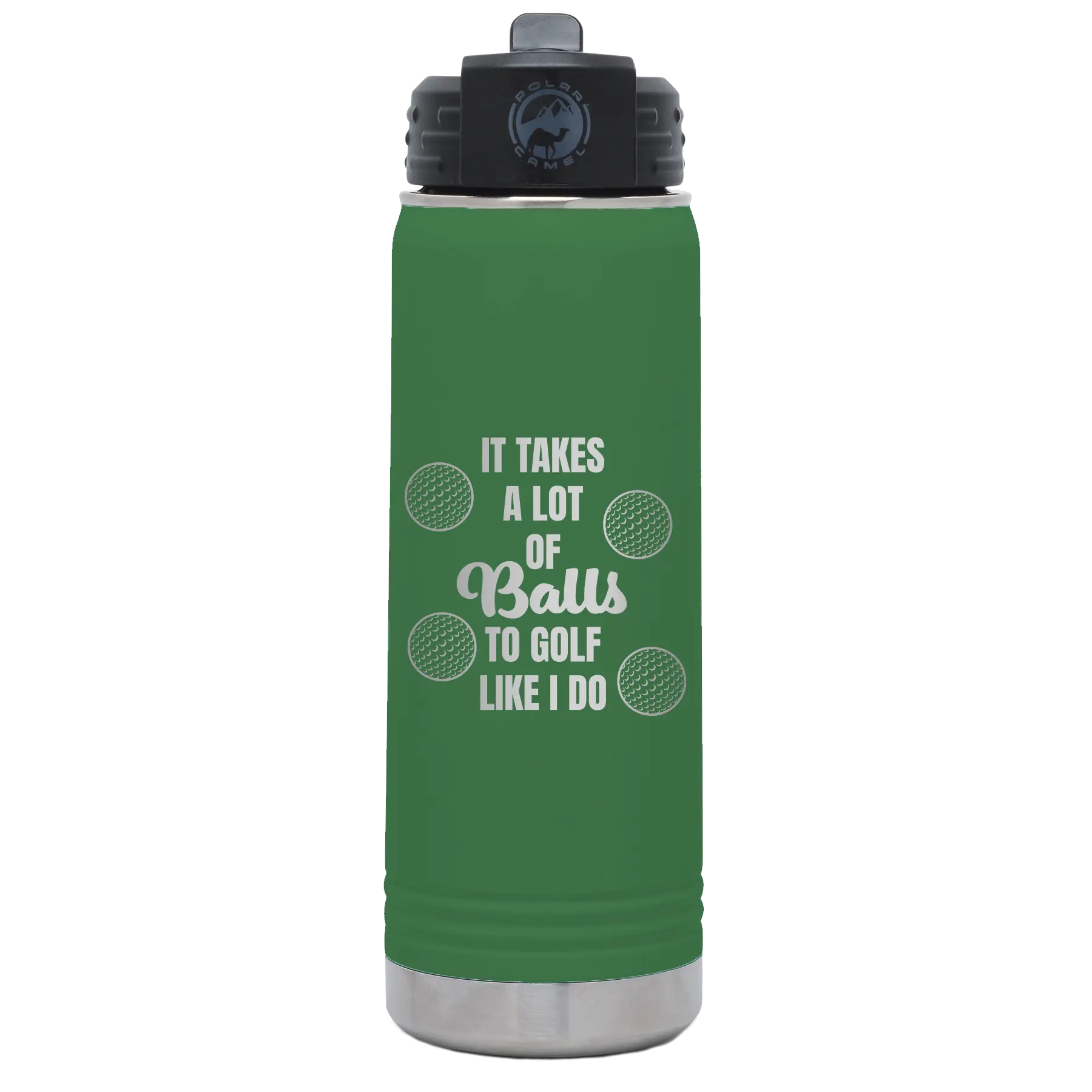 Laser etched green 20 oz vacuum insulated water bottle with 'Lots of Balls' design
