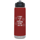 Laser etched maroon 20 oz vacuum insulated water bottle with 'Lots of Balls' design
