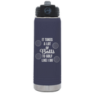 Laser etched navy 20 oz vacuum insulated water bottle with 'Lots of Balls' design