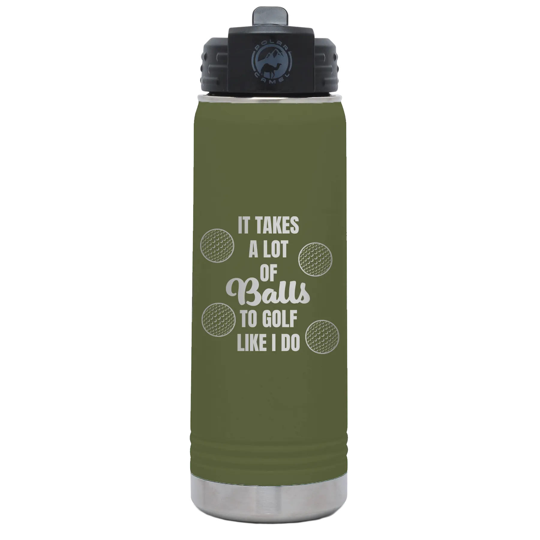 Laser etched olive green 20 oz vacuum insulated water bottle with 'Lots of Balls' design