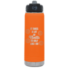 Laser etched orange 20 oz vacuum insulated water bottle with 'Lots of Balls' design