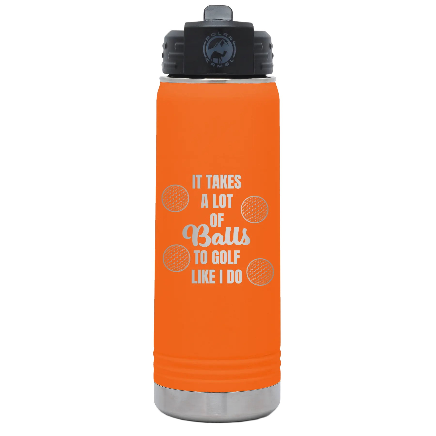 Laser etched orange 20 oz vacuum insulated water bottle with 'Lots of Balls' design