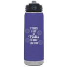 Laser etched purple 20 oz vacuum insulated water bottle with 'Lots of Balls' design