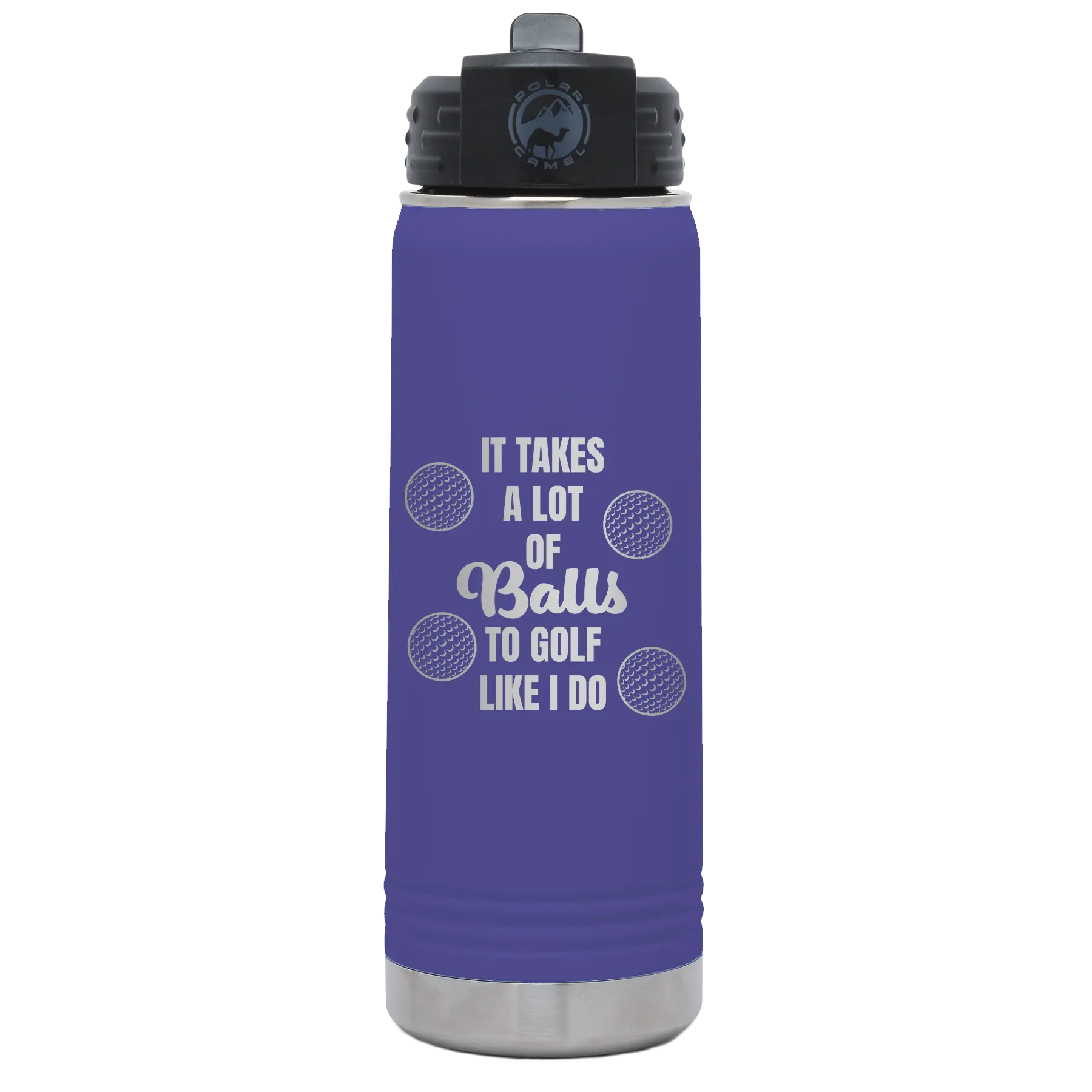 Laser etched purple 20 oz vacuum insulated water bottle with 'Lots of Balls' design