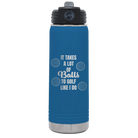 Laser etched royal blue 20 oz vacuum insulated water bottle with 'Lots of Balls' design