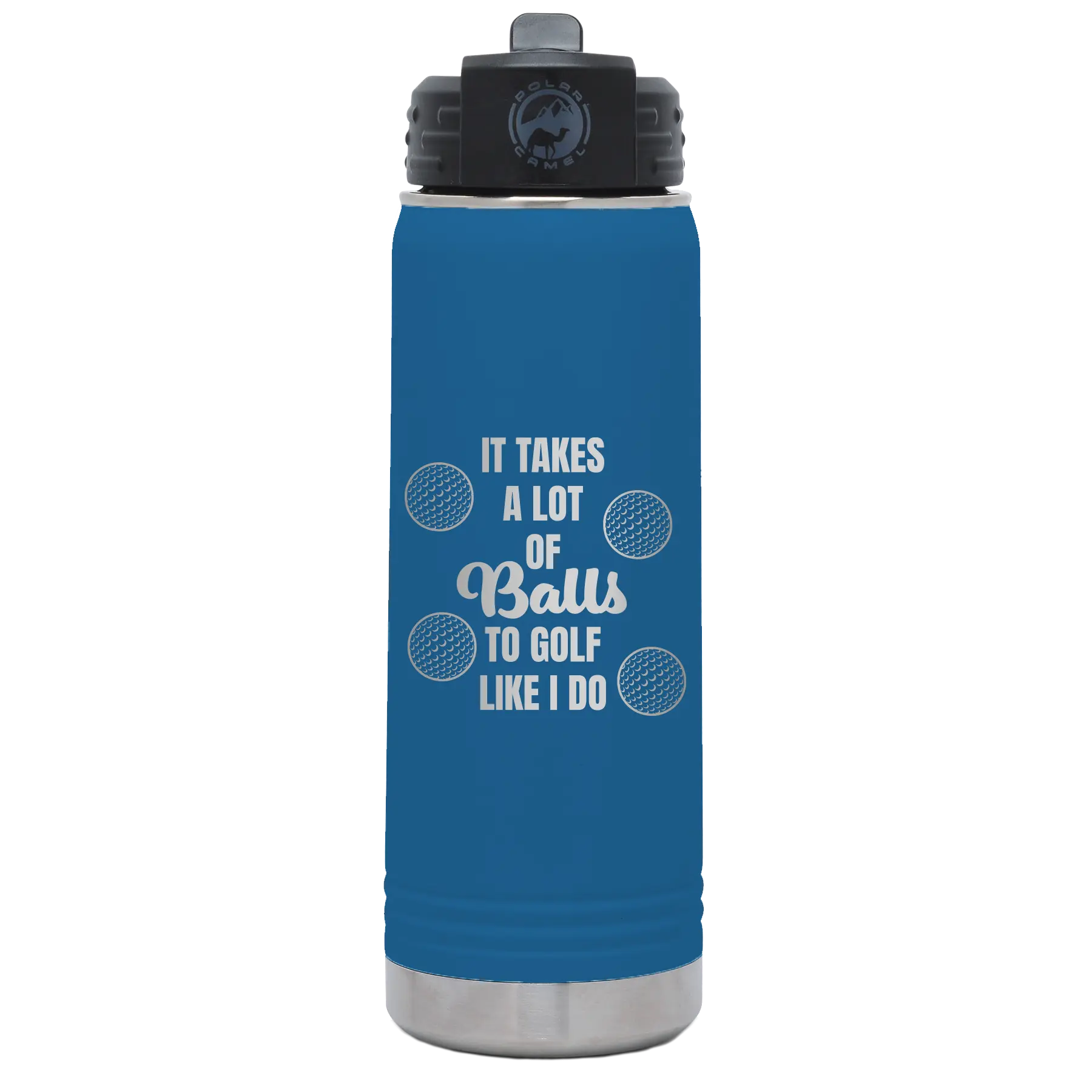 Laser etched royal blue 20 oz vacuum insulated water bottle with 'Lots of Balls' design