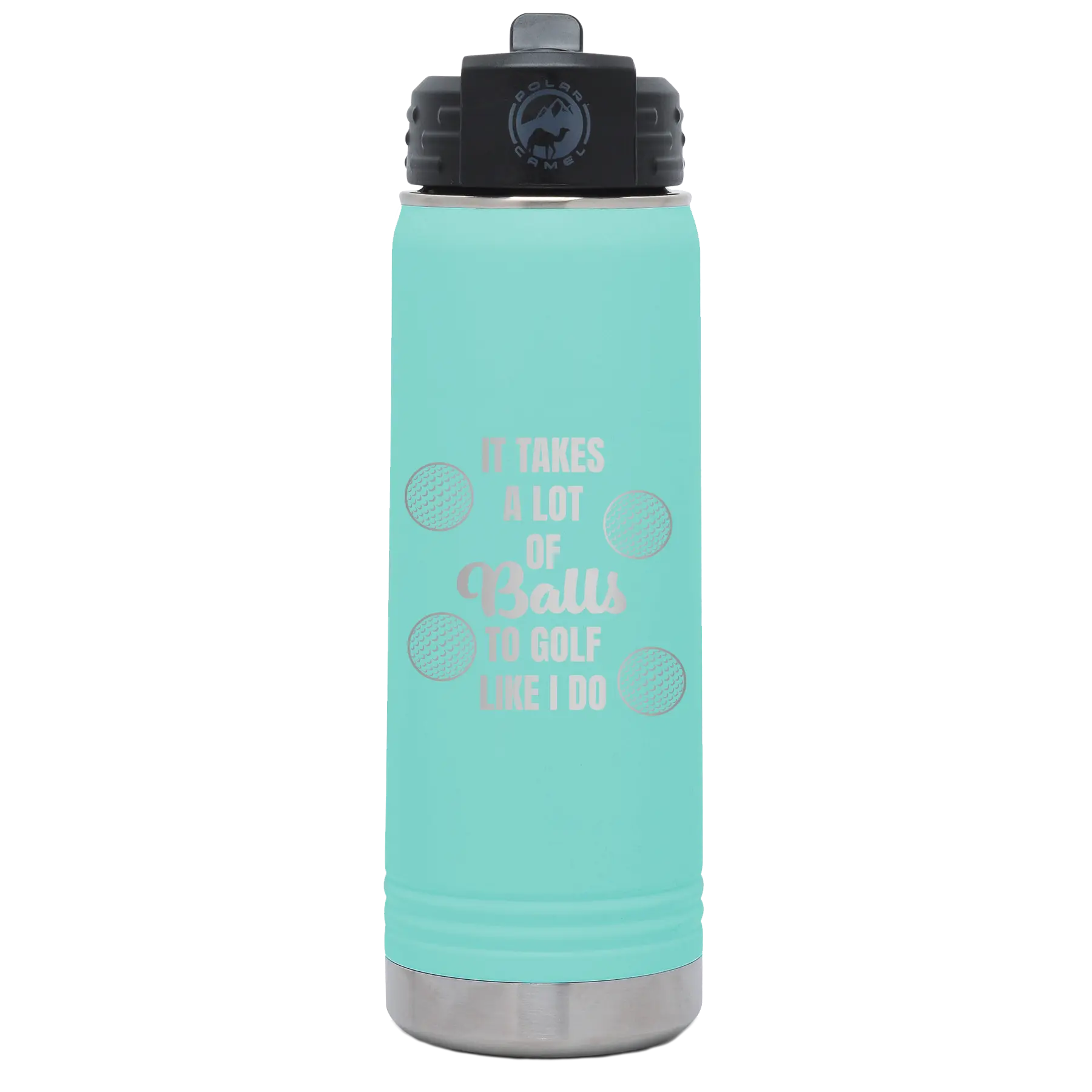 Laser etched teal 20 oz vacuum insulated water bottle with 'Lots of Balls' design