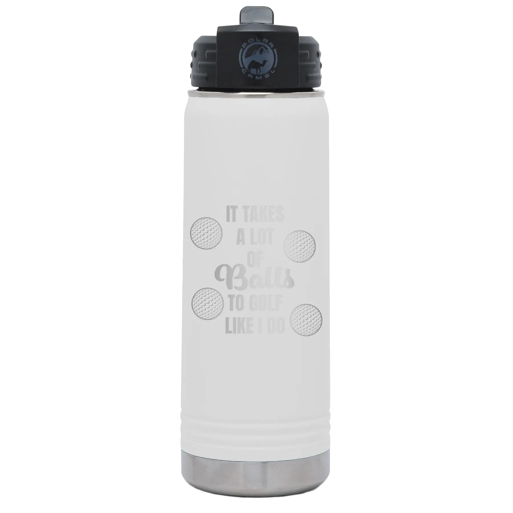 Laser etched white 20 oz vacuum insulated water bottle with 'Lots of Balls' design