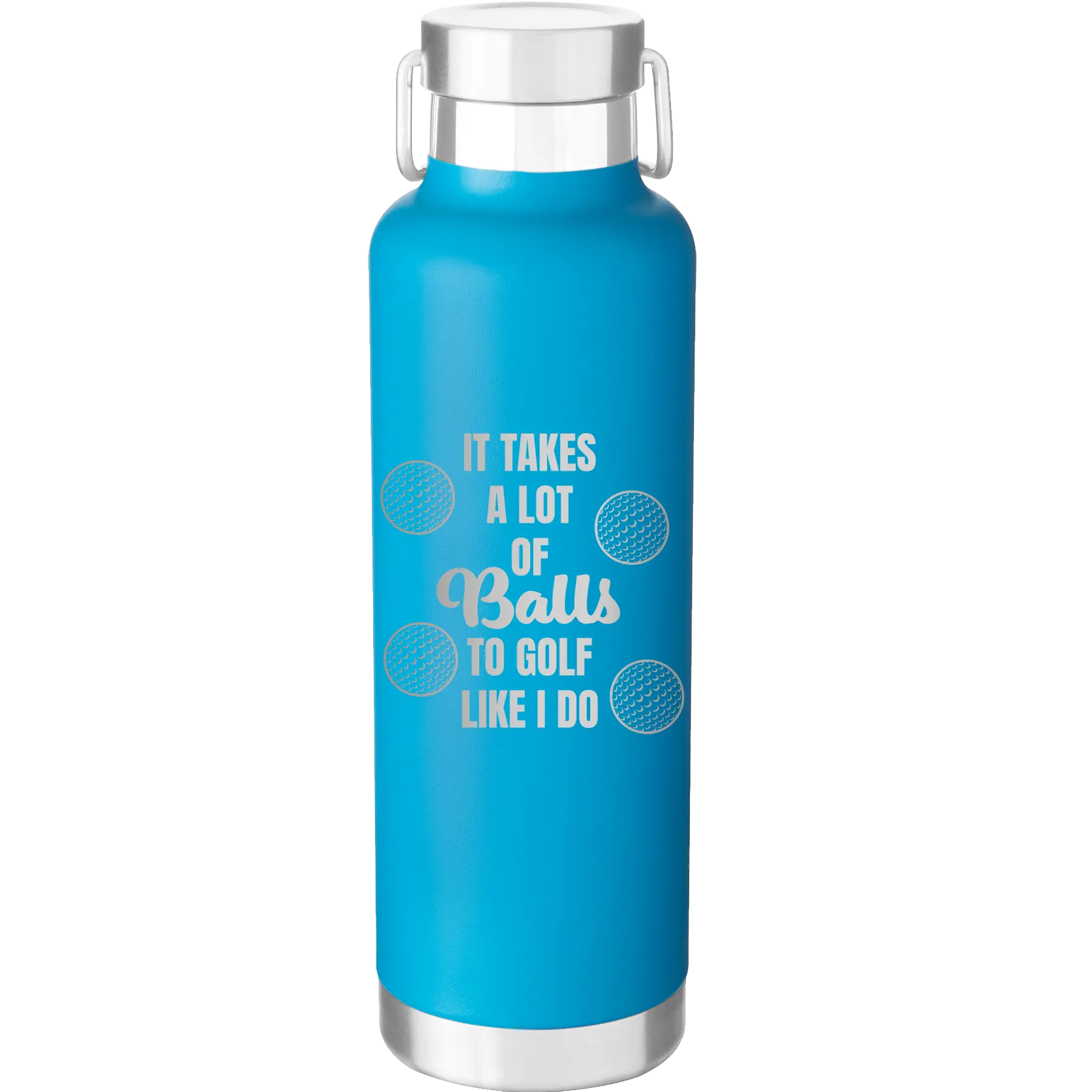 Laser etched aqua 24 oz vacuum insulated water bottle with 'Lots of Balls' design