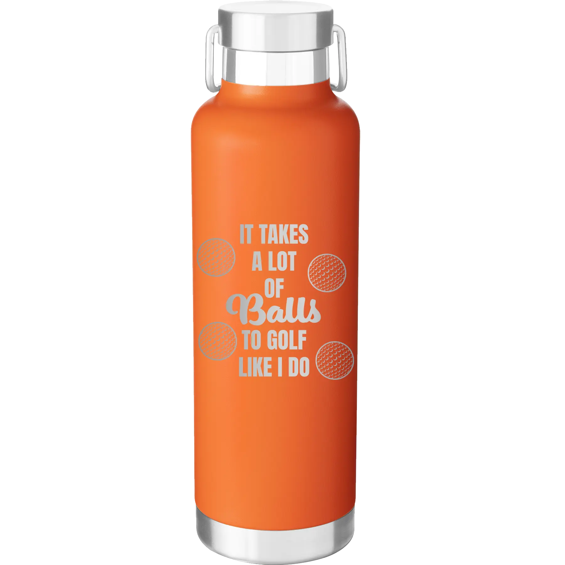 Laser etched orange 24 oz vacuum insulated water bottle with 'Lots of Balls' design
