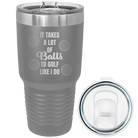 Laser etched dark gray 30 oz vacuum insulated tumbler with 'Lots of Balls' design