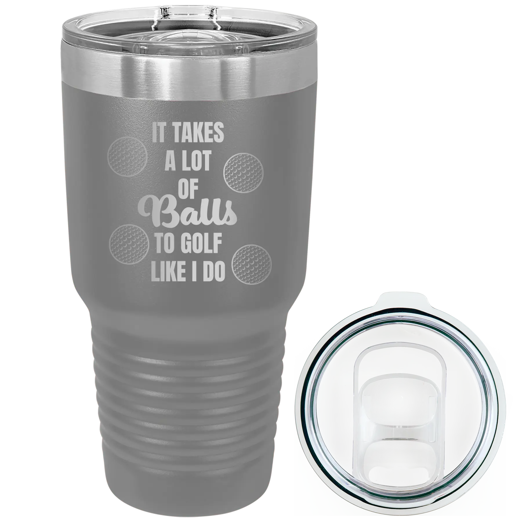 Laser etched dark gray 30 oz vacuum insulated tumbler with 'Lots of Balls' design