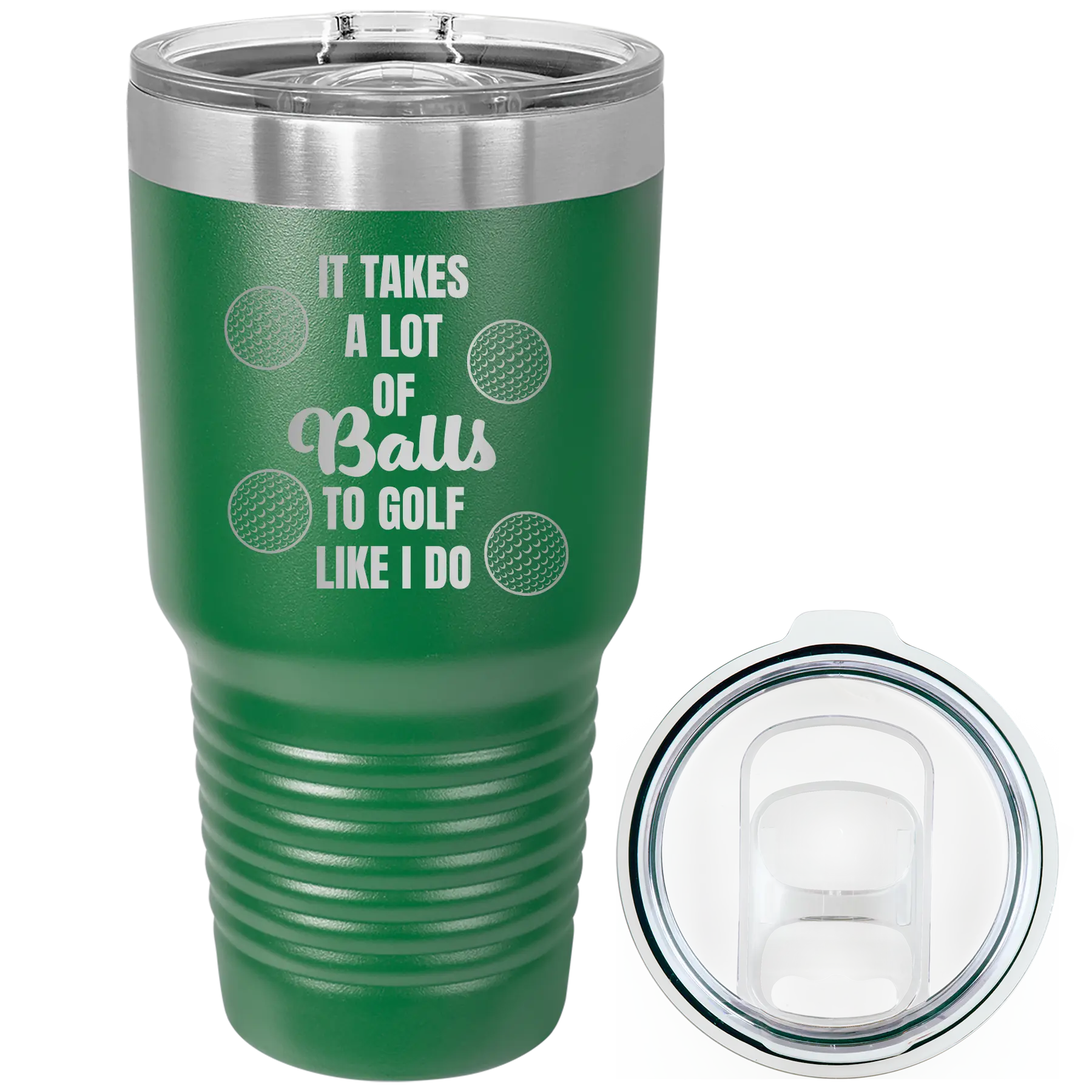 Laser etched green 30 oz vacuum insulated tumbler with 'Lots of Balls' design