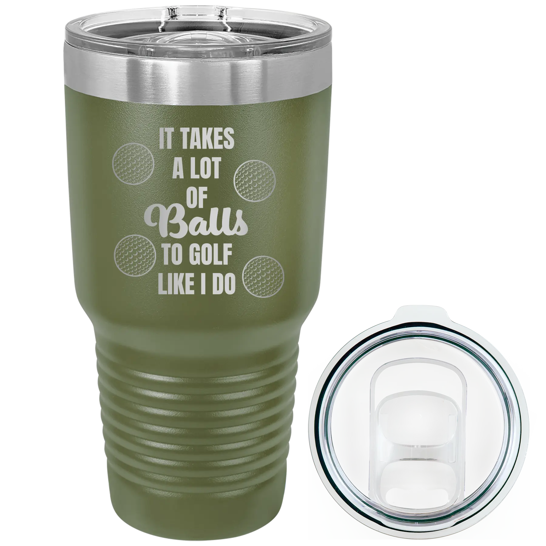 Laser etched olive green 30 oz vacuum insulated tumbler with 'Lots of Balls' design