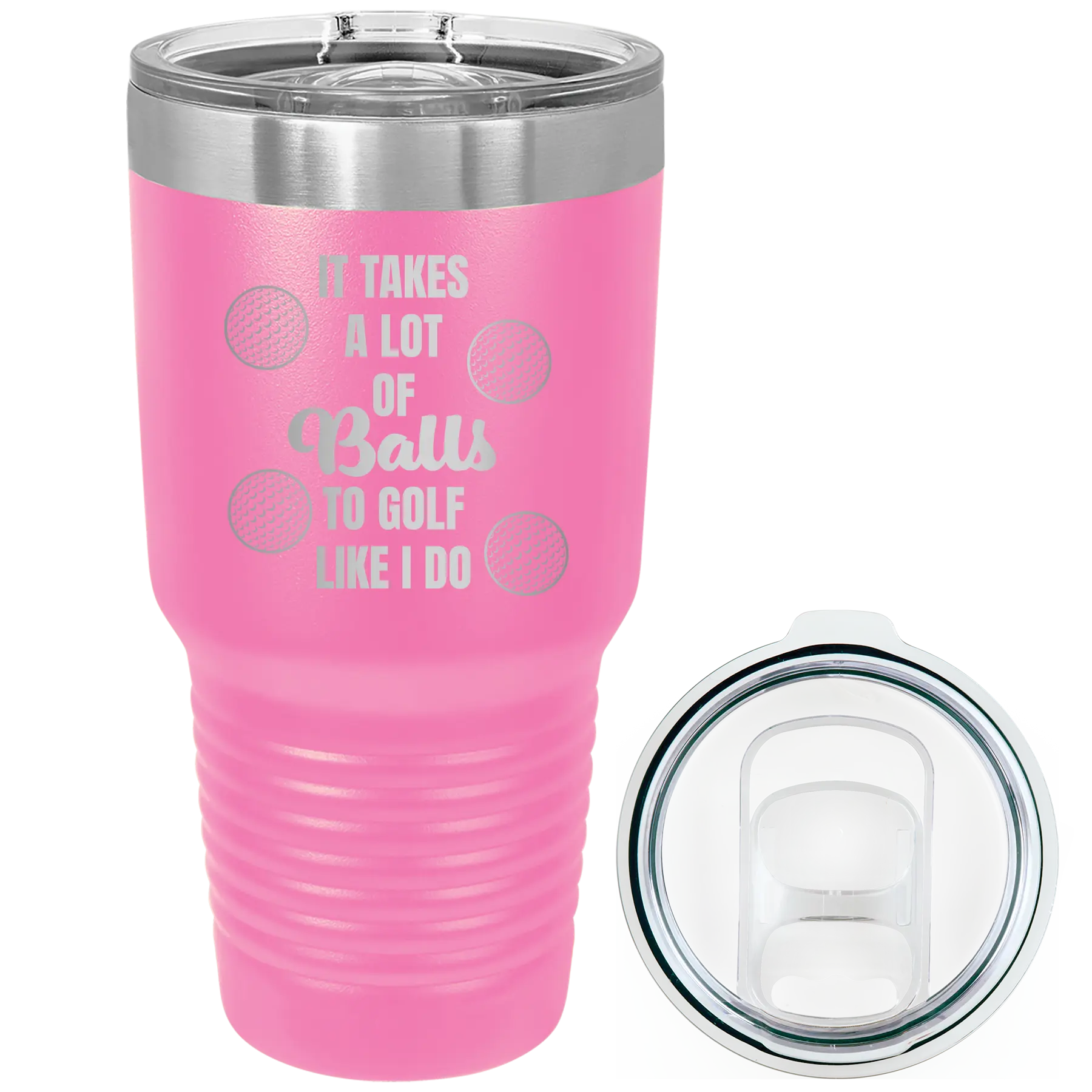 Laser etched pink 30 oz vacuum insulated tumbler with 'Lots of Balls' design