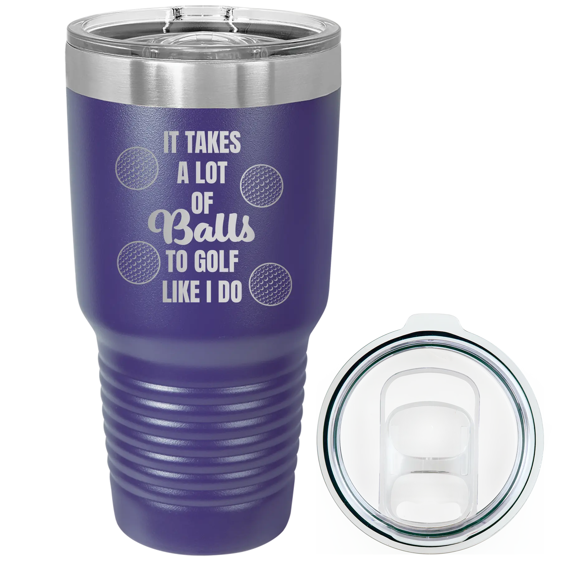 Laser etched purple 30 oz vacuum insulated tumbler with 'Lots of Balls' design