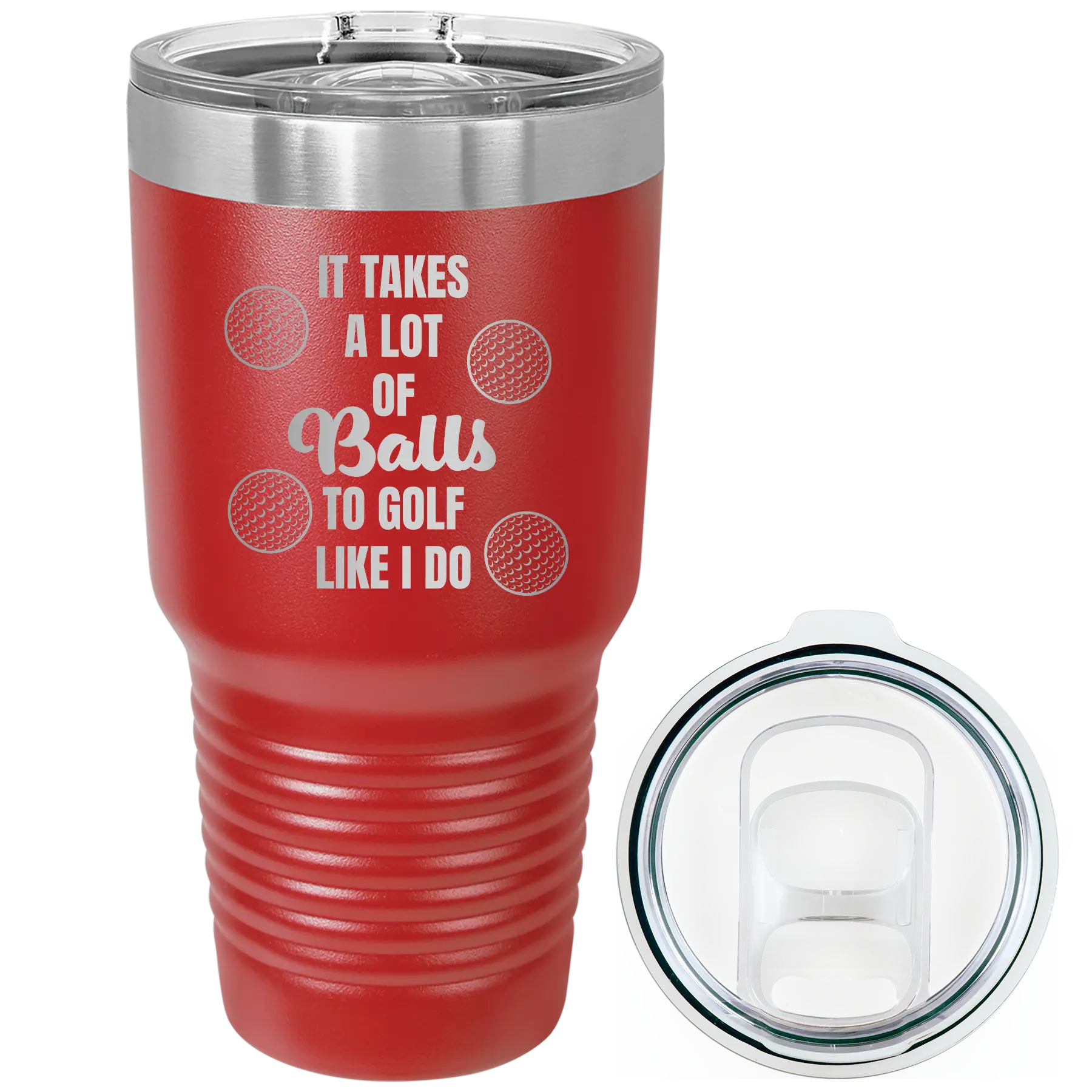 Laser etched red 30 oz vacuum insulated tumbler with 'Lots of Balls' design