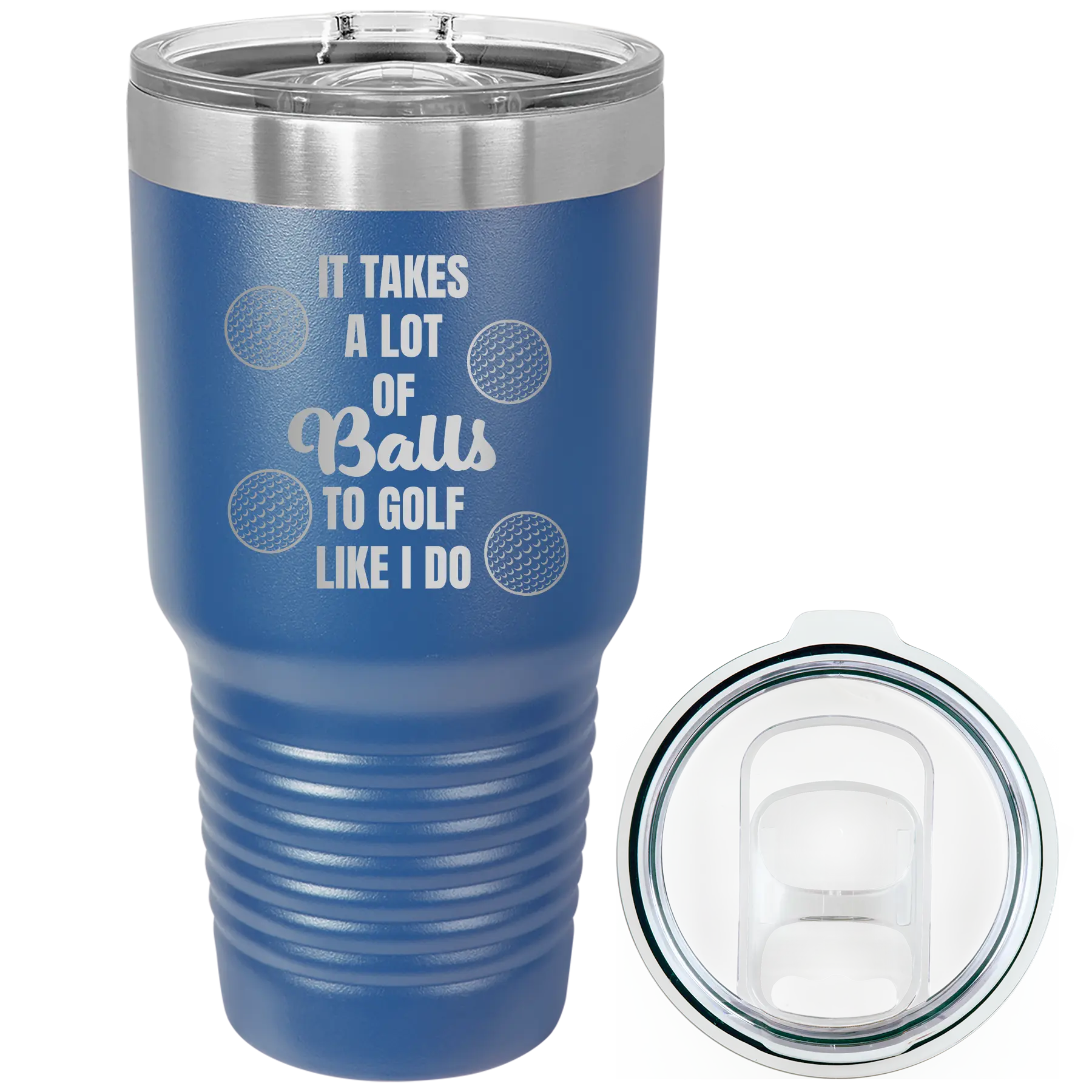 Laser etched royal blue 30 oz vacuum insulated tumbler with 'Lots of Balls' design