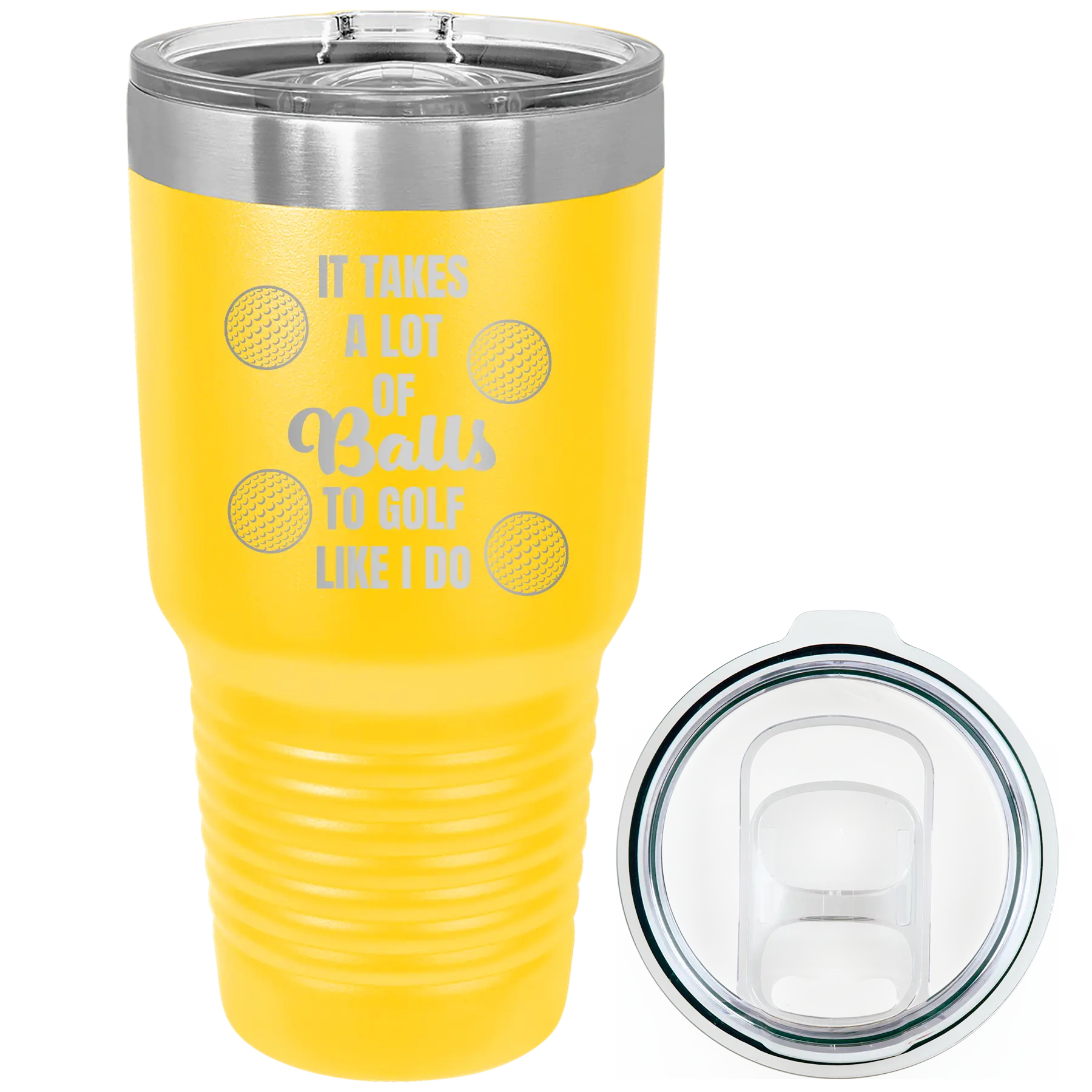 Laser etched yellow 30 oz vacuum insulated tumbler with 'Lots of Balls' design