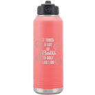 Laser etched coral 32 oz vacuum insulated water bottle with 'Lots of Balls' design