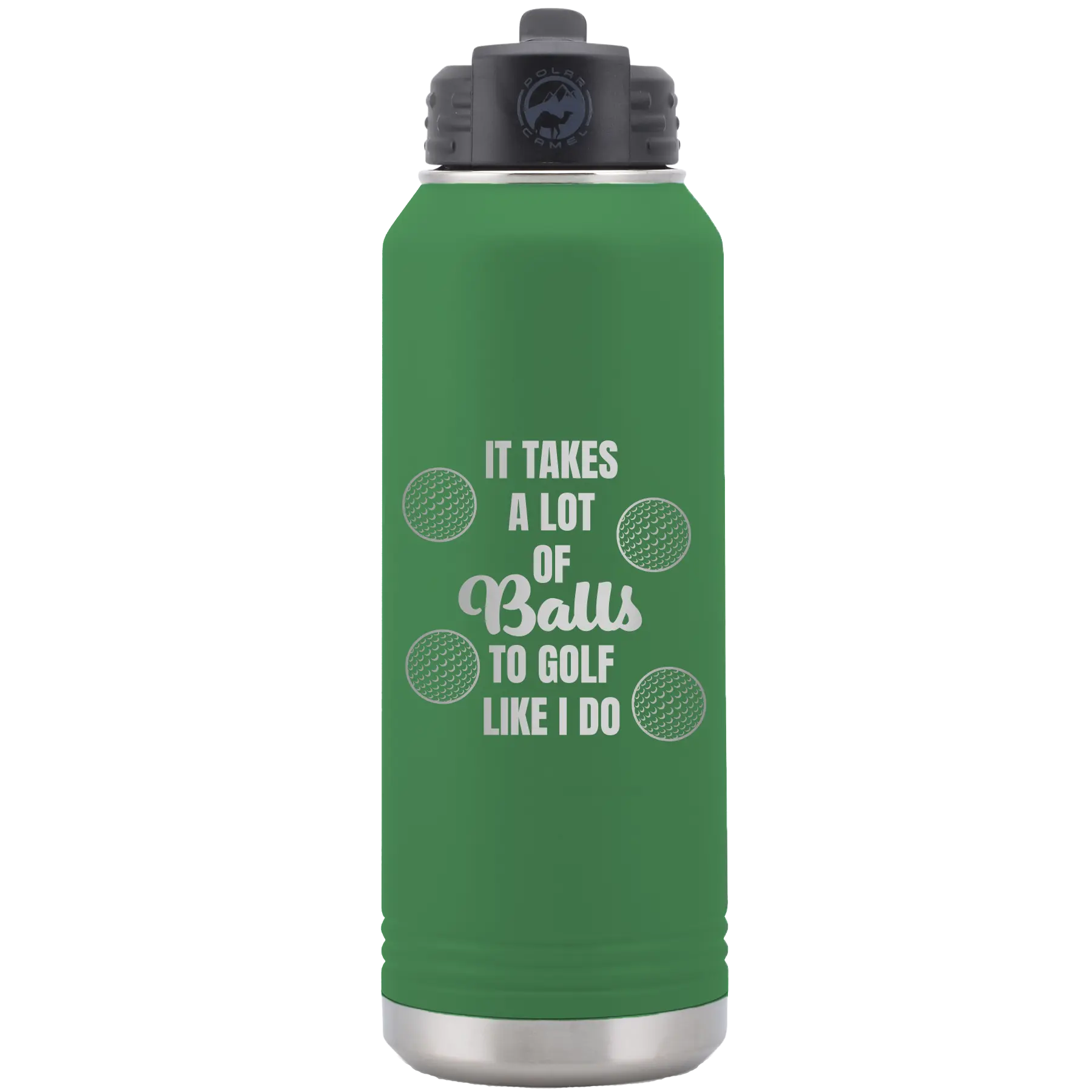 Laser etched green 32 oz vacuum insulated water bottle with 'Lots of Balls' design