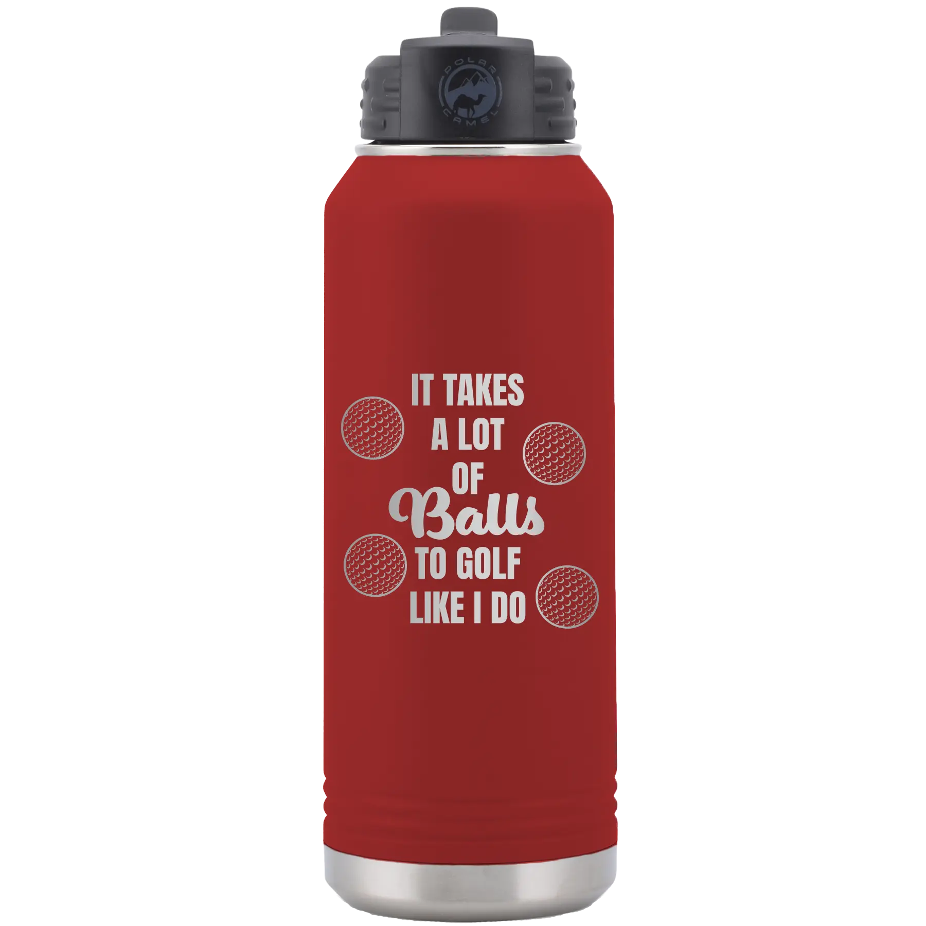 Laser etched maroon 32 oz vacuum insulated water bottle with 'Lots of Balls' design