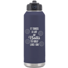 Laser etched navy 32 oz vacuum insulated water bottle with 'Lots of Balls' design