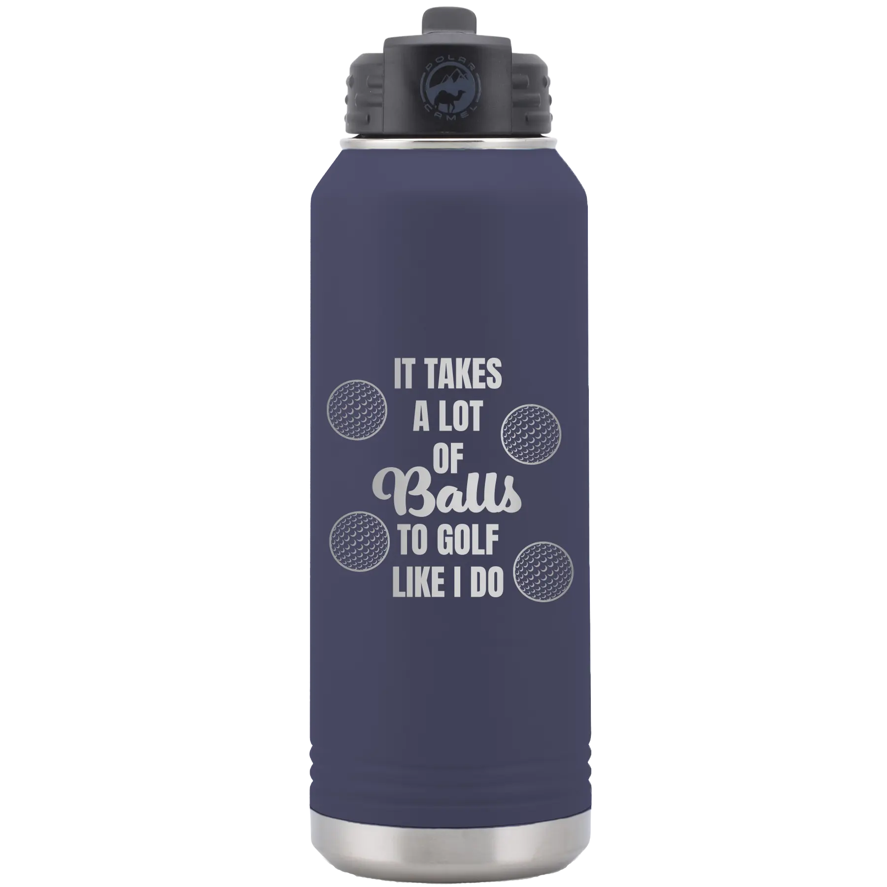 Laser etched navy 32 oz vacuum insulated water bottle with 'Lots of Balls' design