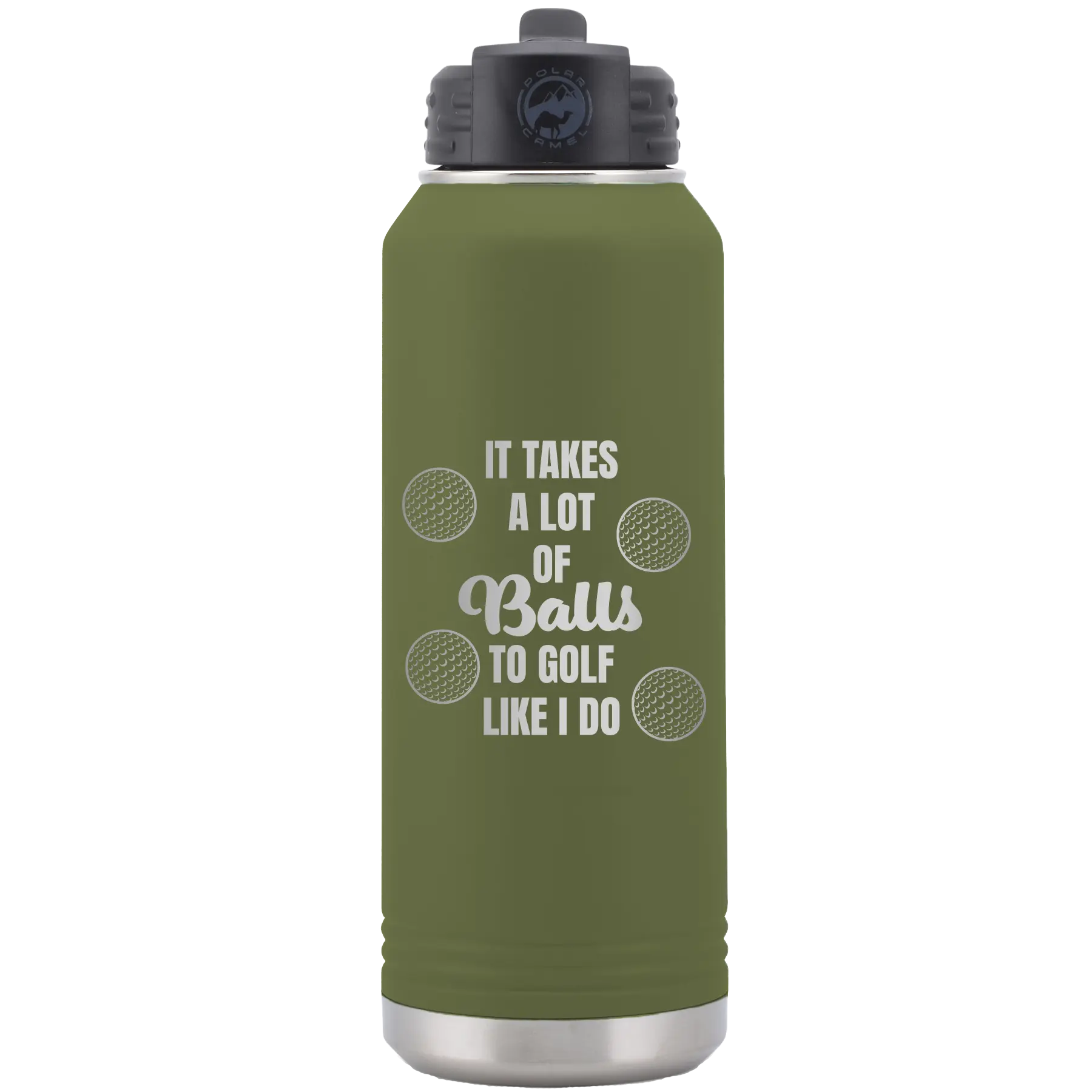 Laser etched olive green 32 oz vacuum insulated water bottle with 'Lots of Balls' design