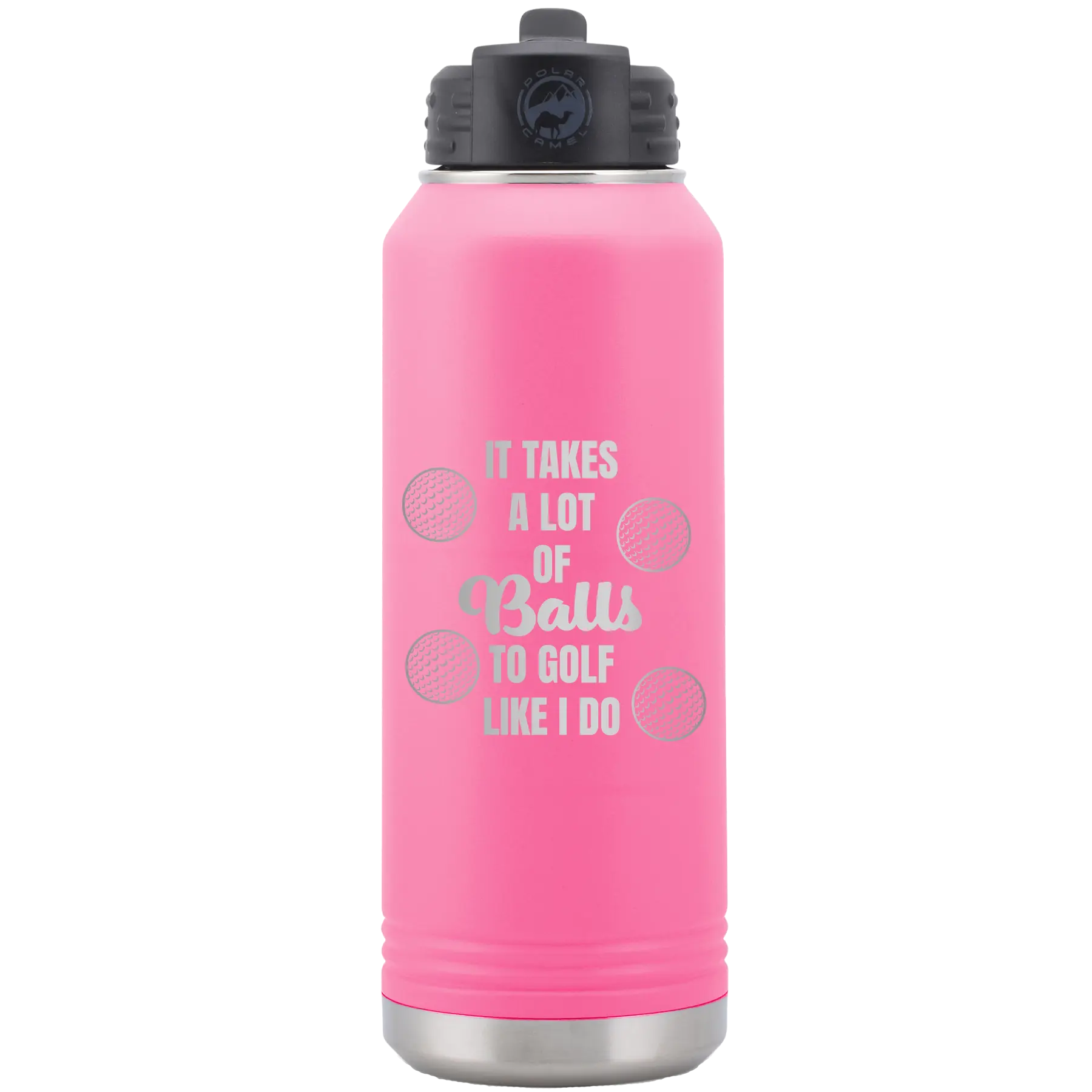 Laser etched pink 32 oz vacuum insulated water bottle with 'Lots of Balls' design