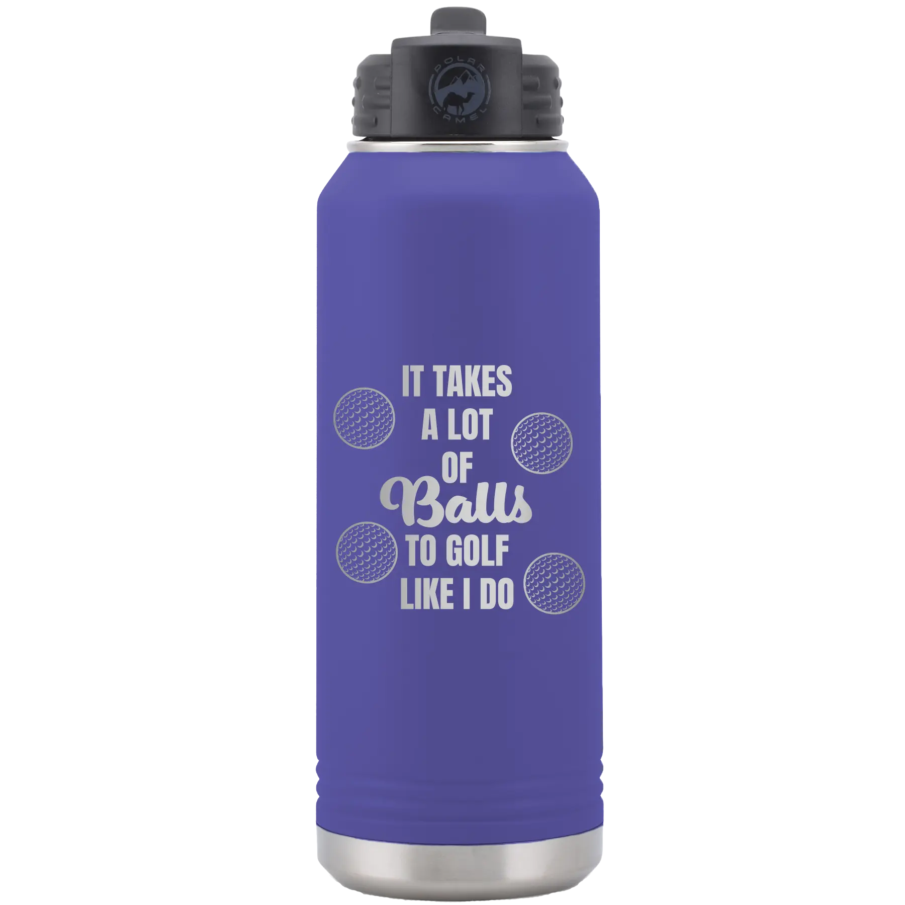 Laser etched purple 32 oz vacuum insulated water bottle with 'Lots of Balls' design