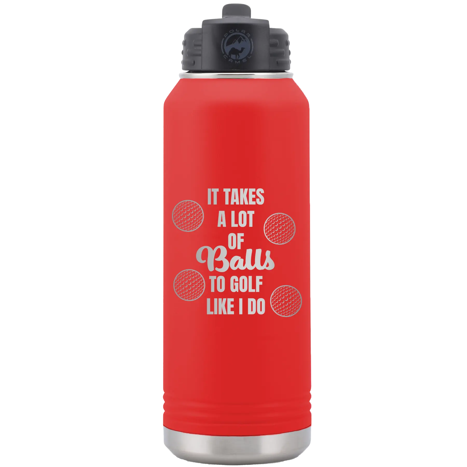 Laser etched red 32 oz vacuum insulated water bottle with 'Lots of Balls' design
