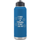 Laser etched royal blue 32 oz vacuum insulated water bottle with 'Lots of Balls' design