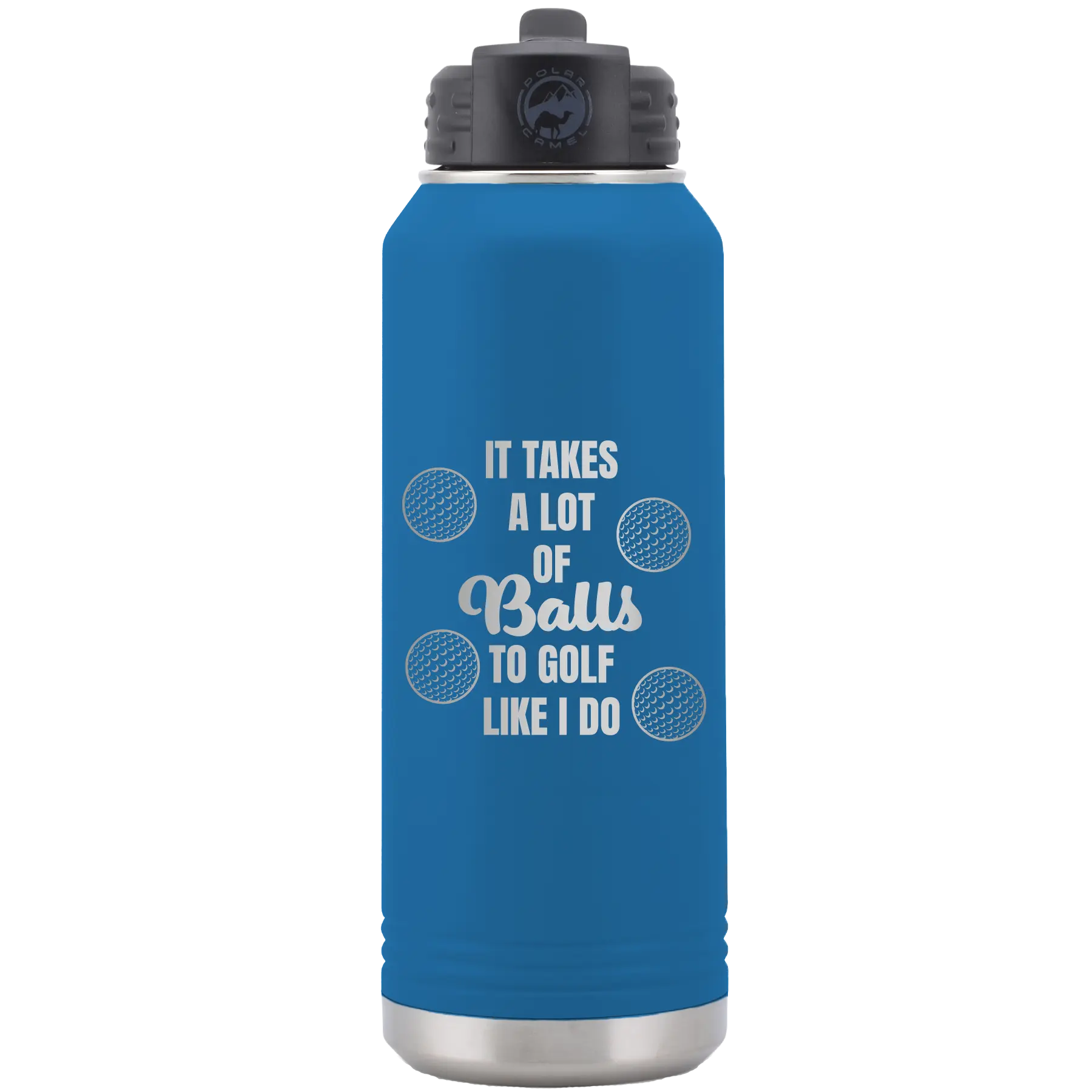 Laser etched royal blue 32 oz vacuum insulated water bottle with 'Lots of Balls' design
