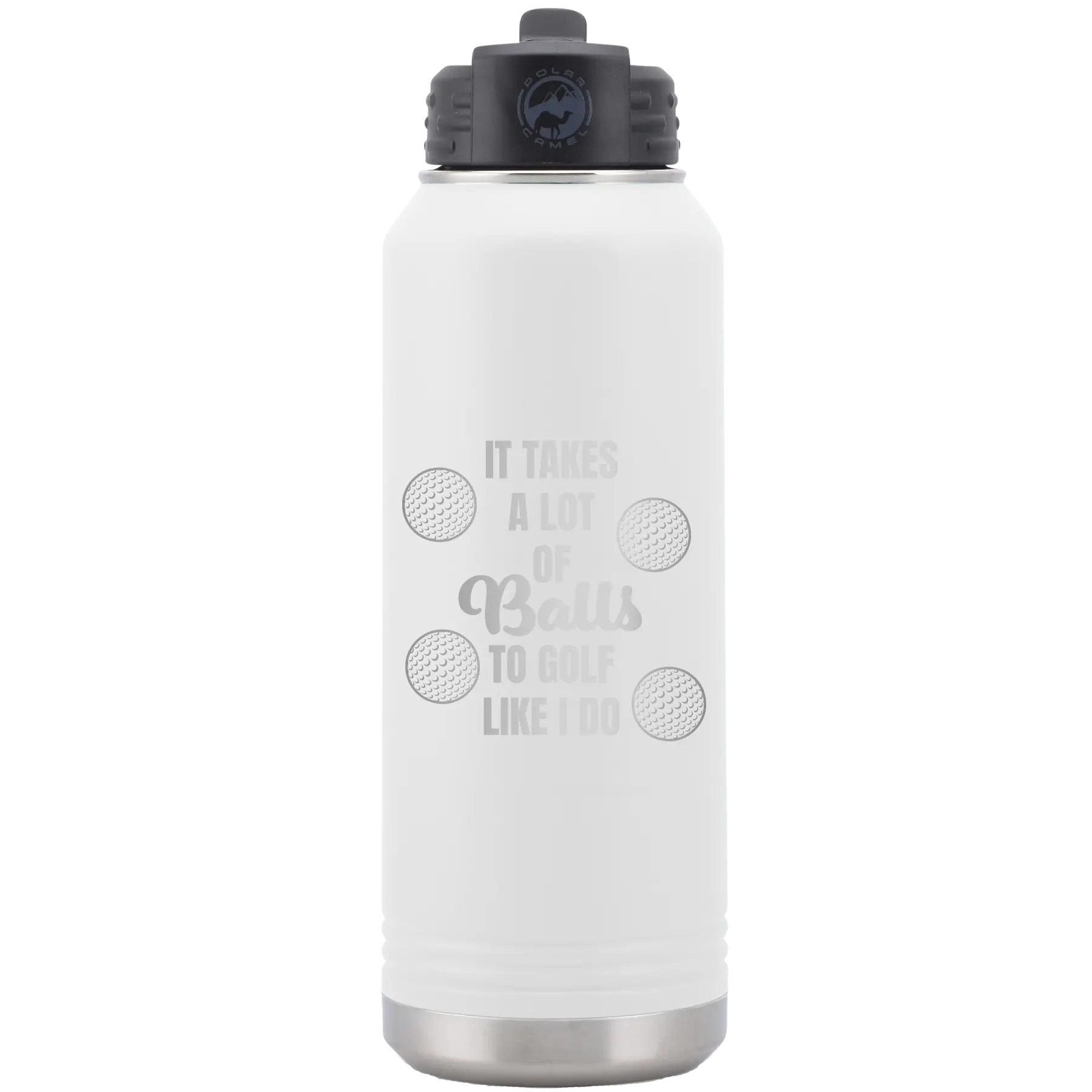 Laser etched white 32 oz vacuum insulated water bottle with 'Lots of Balls' design