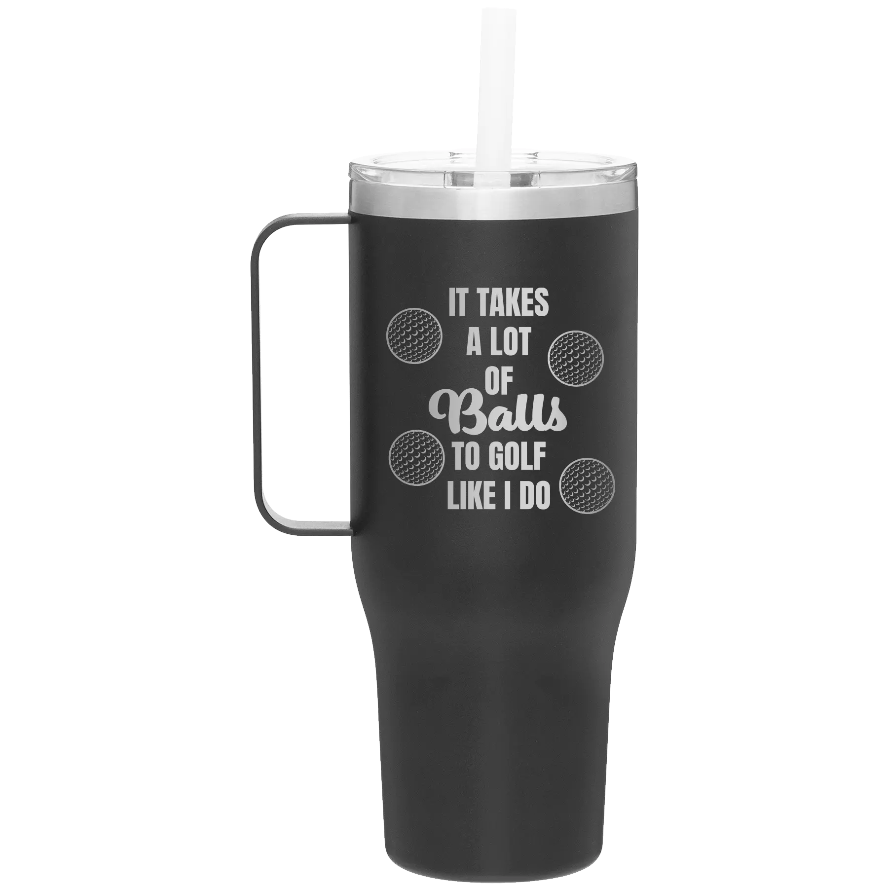 Personalized black 40 oz vacuum insulated tumbler mug with 'Lots of Balls' design