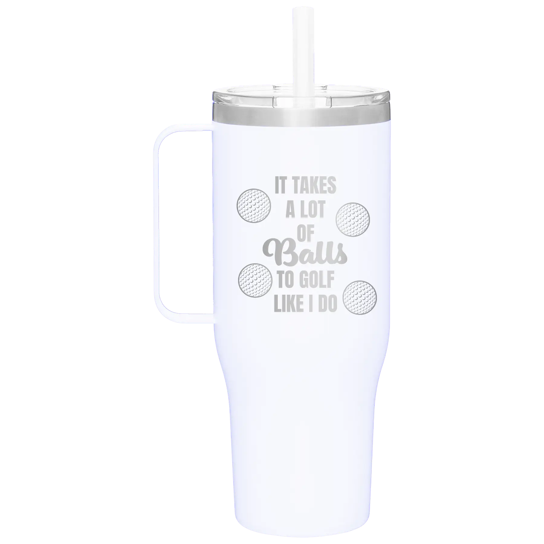 Personalized white 40 oz vacuum insulated tumbler mug with 'Lots of Balls' design