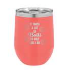 Personalized coral 12 oz vacuum insulated wine cup with etched 'Lots of Balls' design