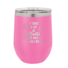 Personalized pink 12 oz vacuum insulated wine cup with etched 'Lots of Balls' design