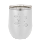 Personalized white 12 oz vacuum insulated wine cup with etched 'Lots of Balls' design