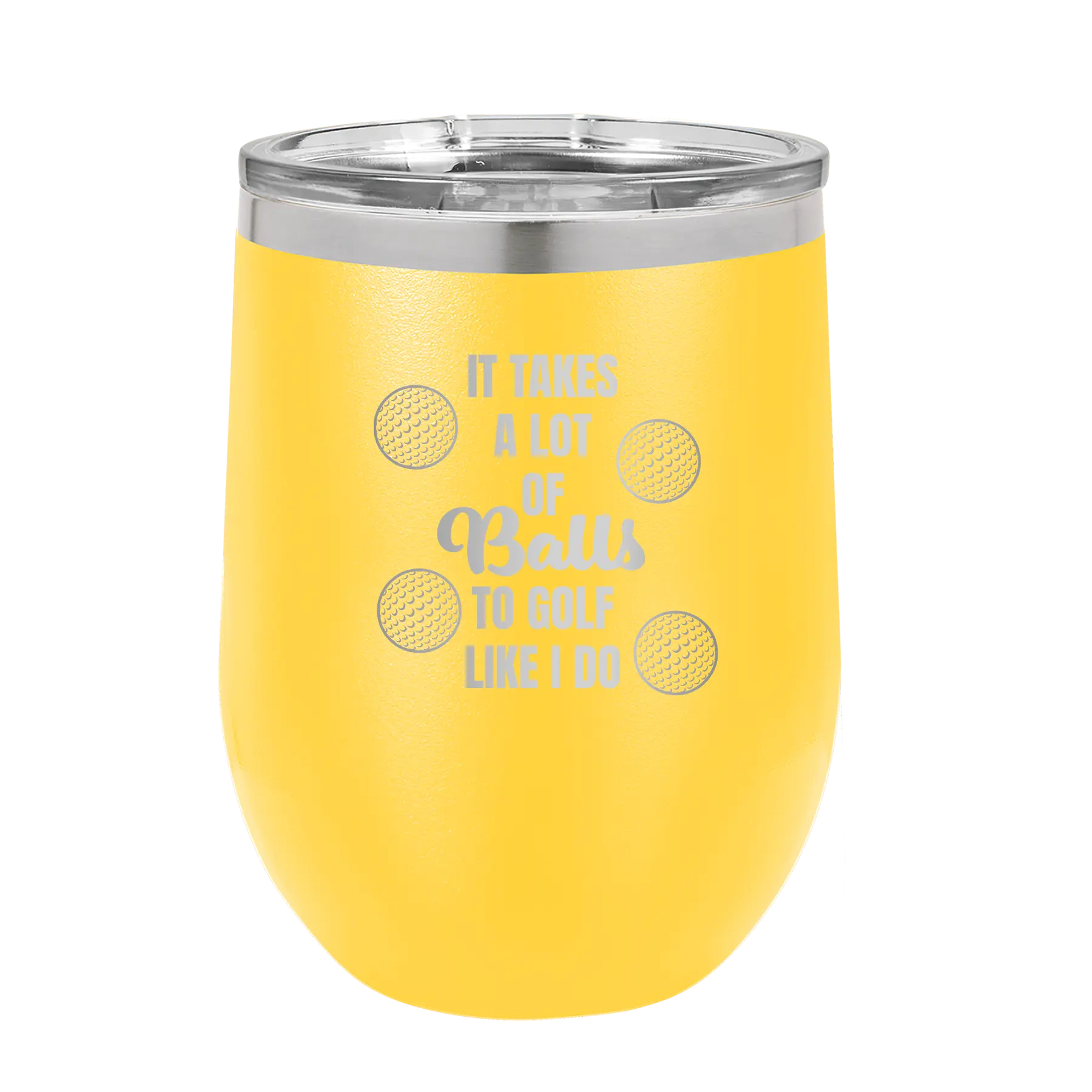 Personalized yellow 12 oz vacuum insulated wine cup with etched 'Lots of Balls' design