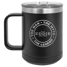 Personalized black 15 oz vacuum insulated coffee mug with etched 'Man Myth Legend' design