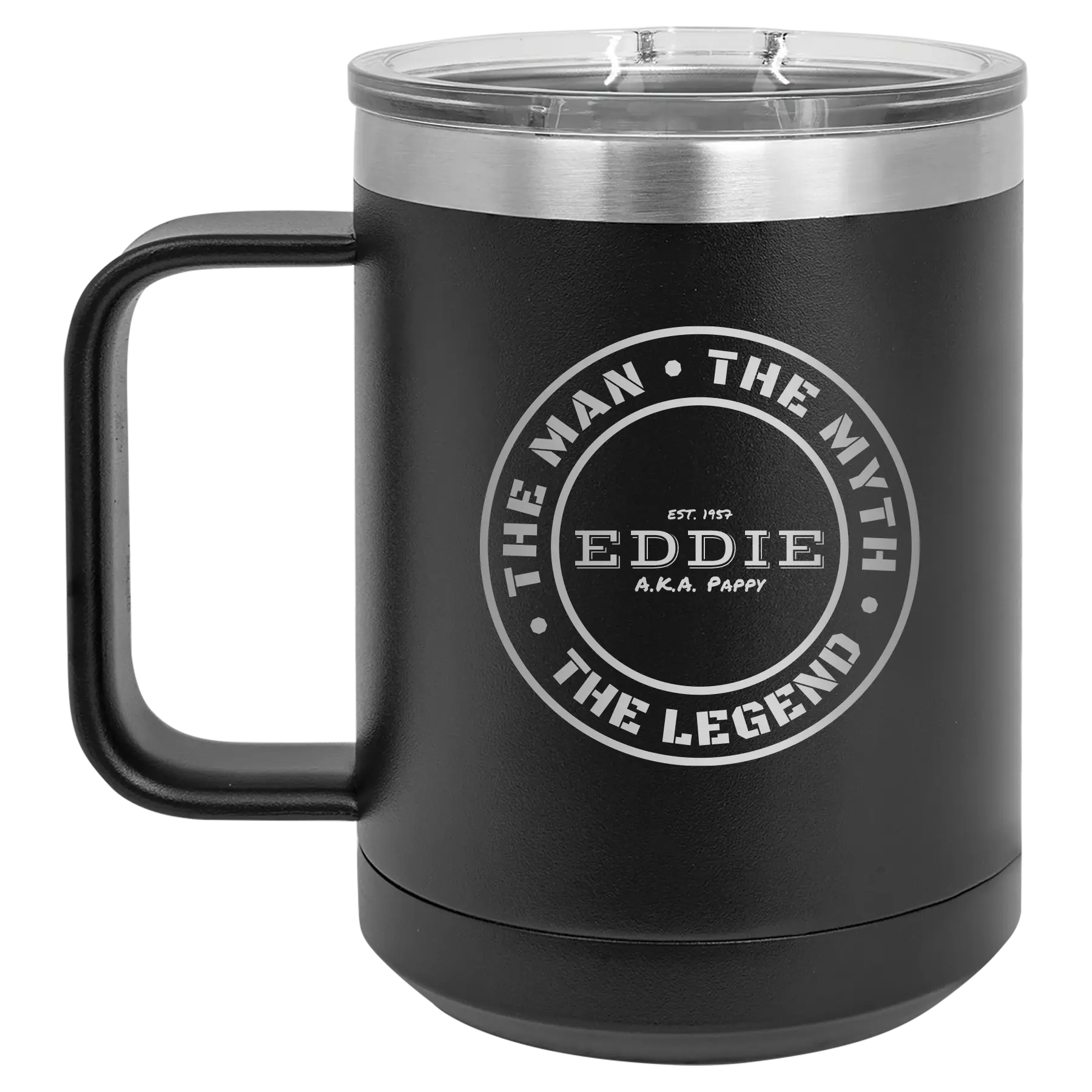 Personalized black 15 oz vacuum insulated coffee mug with etched 'Man Myth Legend' design
