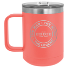 Personalized coral 15 oz vacuum insulated coffee mug with etched 'Man Myth Legend' design