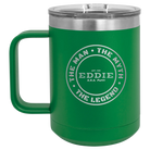 Personalized green 15 oz vacuum insulated coffee mug with etched 'Man Myth Legend' design