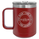 Personalized maroon 15 oz vacuum insulated coffee mug with etched 'Man Myth Legend' design