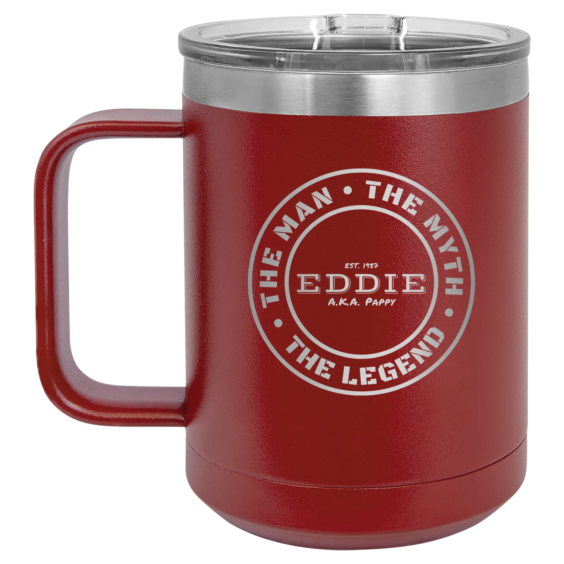Personalized maroon 15 oz vacuum insulated coffee mug with etched 'Man Myth Legend' design