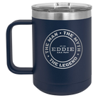 Personalized navy 15 oz vacuum insulated coffee mug with etched 'Man Myth Legend' design