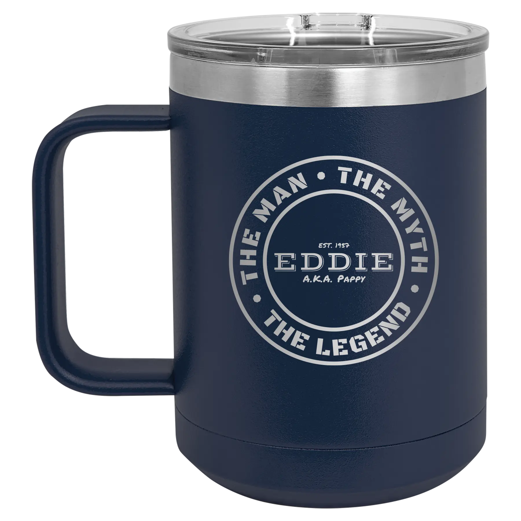 Personalized navy 15 oz vacuum insulated coffee mug with etched 'Man Myth Legend' design
